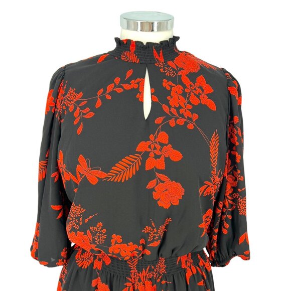 Nanette Lepore Floral Midi A-Line Dress High Neck Black Red Size 12 - Picture 3 of 12